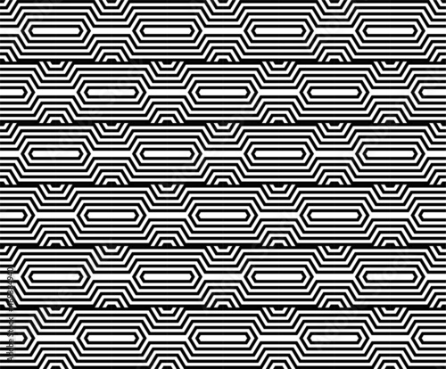 Futuristic technologic background by elements of hexagon. Black white striped seamless pattern. Op art, optical illusion. Vector texture.