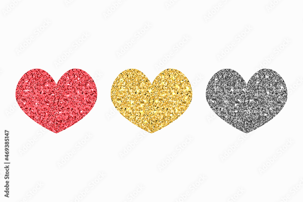 Fototapeta premium Glitter hearts vector set. Silver, gold and red colors with glowing effect. Design shiny love symbols elements isolated. Collection of heart shapes to Valentines day or wedding