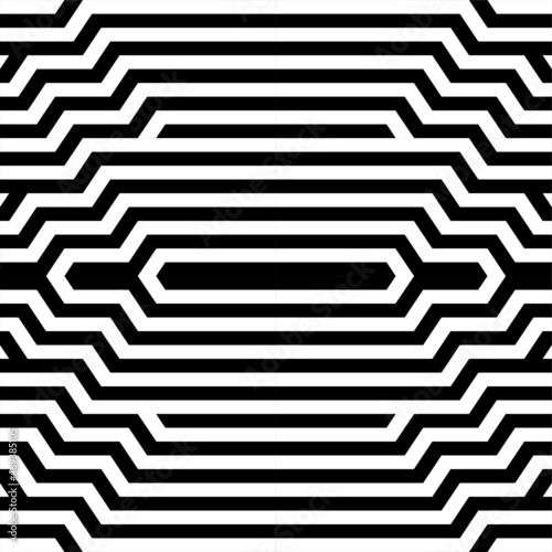 Futuristic technologic background by elements of hexagon. Black white striped seamless pattern. Op art, optical illusion. Vector texture.