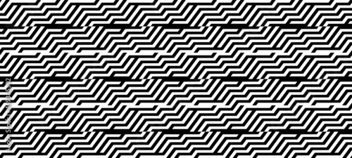 Futuristic technologic background by elements of hexagon. Black white striped seamless pattern. Op art, optical illusion. Vector texture.
