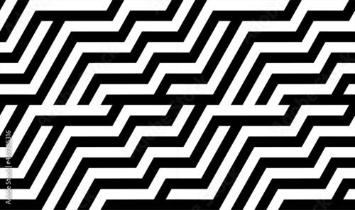 Futuristic technologic background by elements of hexagon. Black white striped seamless pattern. Op art, optical illusion. Vector texture.