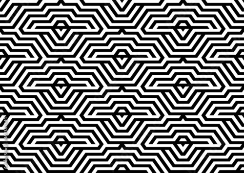 Futuristic technologic background by elements of hexagon. Black white striped seamless pattern. Op art, optical illusion. Vector texture.