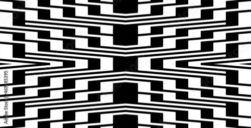 Futuristic technologic background by elements of hexagon. Black white striped seamless pattern. Op art, optical illusion. Vector texture.