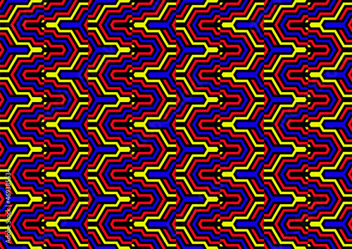 Futuristic technologic background by elements of hexagon. Multi-colored striped seamless pattern. Bright and colorful modern vector texture. Op art.