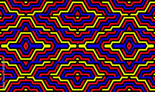 Futuristic technologic background by elements of hexagon. Multi-colored striped seamless pattern. Bright and colorful modern vector texture. Op art.