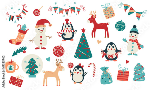 Hand drawn Christmas and New Year set seasonal elements and cute animal