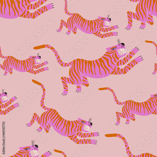 Trendy seamless pattern with running tigers