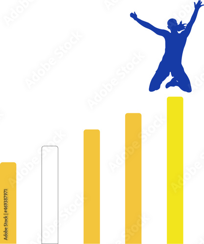 mujer llegando a su meta. mujer saltando con los brazos hacia arriba sobre un gráfico de barras. Vector sin fondo, fondo transparente
