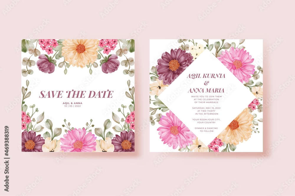 Romantic Wedding Invitation Set daisy Square Template