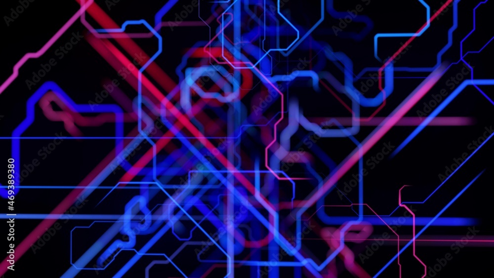 Motion graphics, sci-fi bg with flow of blue red neon glow lines form ...