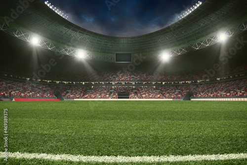 Football stadium with the stands full of fans waiting for the night game. 3D Rendering