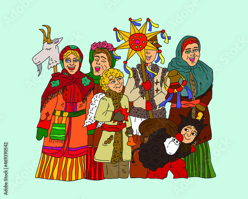 
Christmas greeting card with kids in Ukraine. Little carol singers,
traditional heroes for the Ukrainian nativity scene. Vector illustration.Christmas and New Year greeting card.