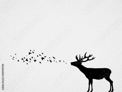 Abstract deer, flying birds. Endangered animal. Black white silhouette