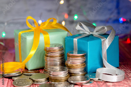 Gifts and money for the holiday. Holiday New Year and Christmas. New Year's card.