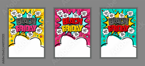 Bright comic banners for black friday discounts or sales. Cloud text frame on a ray background. Template for web design, flyers, banners, coupons, applications and posters. Vector illustration © JuliPaper