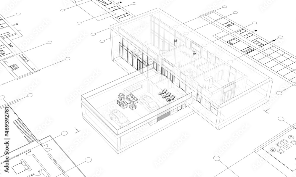 Fototapeta premium modern house architectural drawing 3d illustration