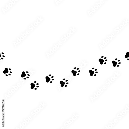 Vector illustration. Black-white seamless pattern. Black footprints of a wild animal in flat cartoon style. Cat paws. Contemporary art for print, promotional items.