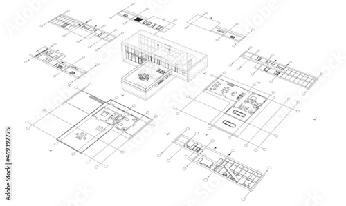 modern house architectural drawing 3d illustration