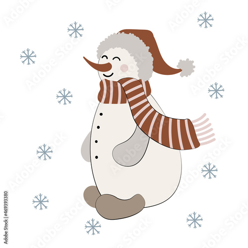 Cute cartoon snowman wearing scarf and winter hat