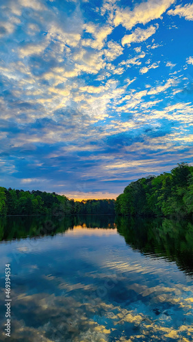 Cloudy morning with a sunrise glow behind trees