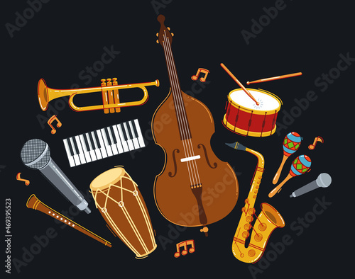 Jazz music band concept different instruments vector flat illustration on dark background, live sound festival or concert, musician different instruments set.