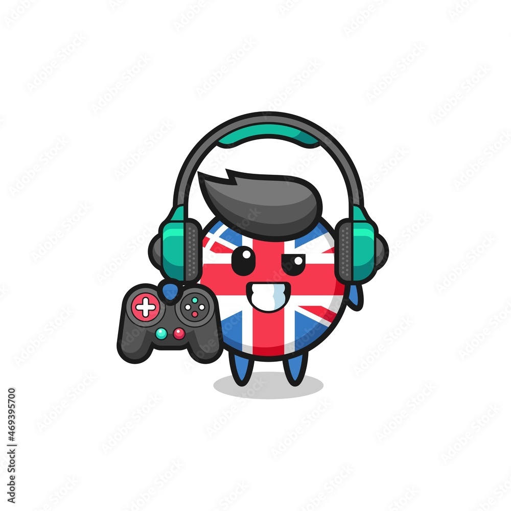 united kingdom flag gamer mascot holding a game controller