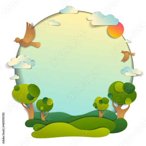 Green fields and trees scenic landscape of summer with clouds birds and sun in the sky  frame background with copy space   paper cut illustration  holidays in countryside  travel and tourism theme.