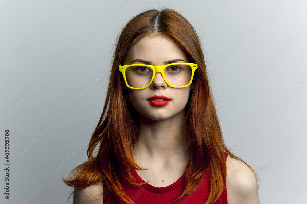 emotional woman in yellow glasses red lips attractive look emotional woman in yellow glasses red lips attractive look