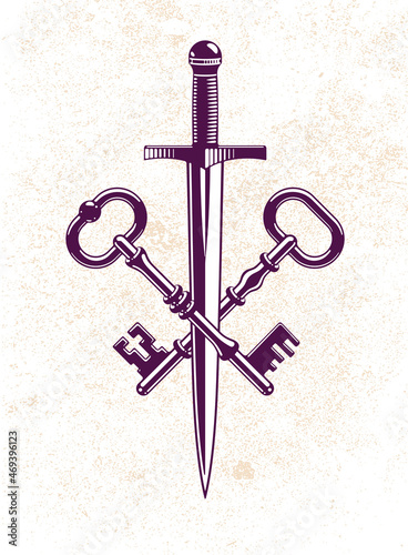 Crossed keys and dagger vector symbol emblem, turnkeys and sword, protected secrets, secured power, ancient vintage logo or emblem.