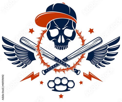 Brutal gangster emblem or logo with aggressive skull baseball bats and other weapons and design elements, vector anarchy crime or terrorism retro style, ghetto revolutionary.