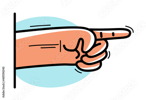 Pointing hand illustration or design element vector flat style drawing isolated on white.