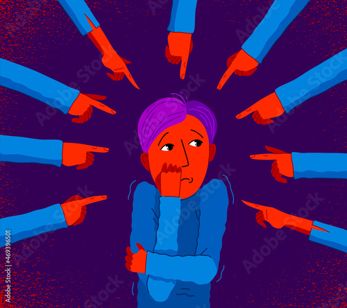 Shaming and blaming vector concept, hand pointing finger on young man feeling uncomfortable and scared, discrimination problem of cruel and intolerant behavior in social groups.