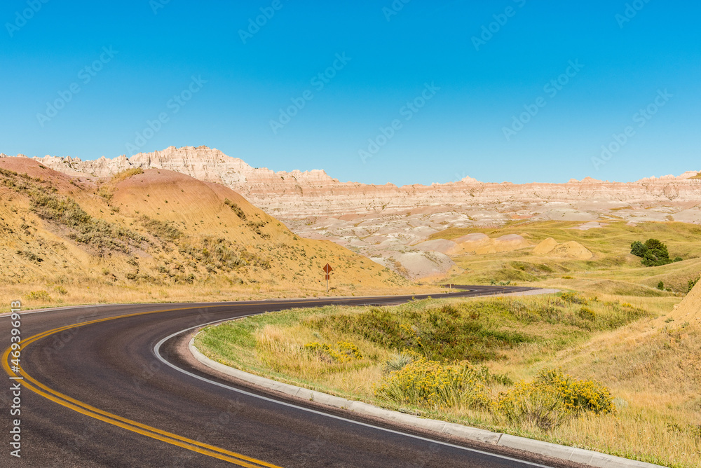 Fascinating colorful hills along the road leading through Badlands National Park