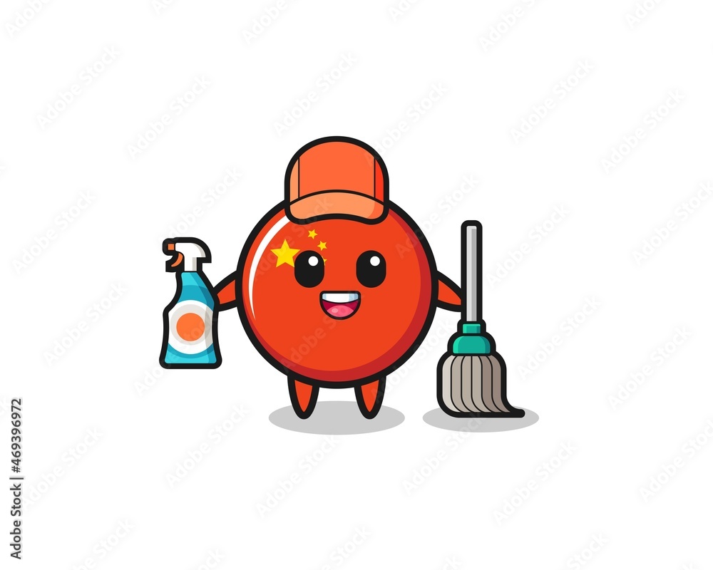 Fototapeta premium cute china flag character as cleaning services mascot