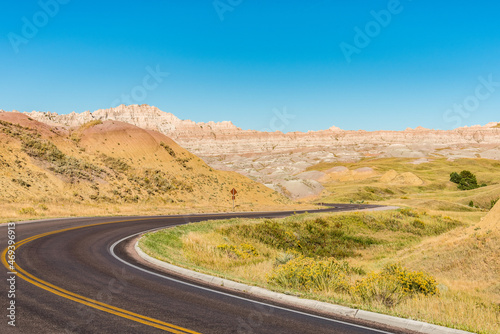 Fascinating colorful hills along the road leading through Badlands National Park