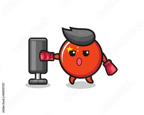china flag boxer cartoon doing training with punching bag
