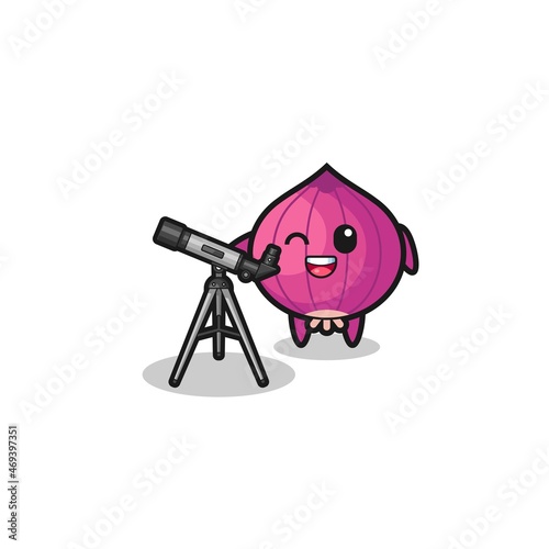 onion astronomer mascot with a modern telescope