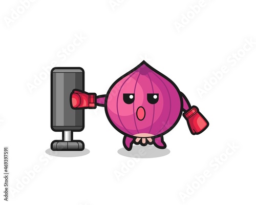 onion boxer cartoon doing training with punching bag