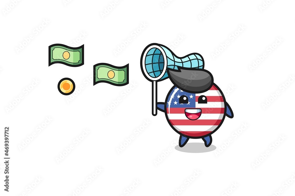 Fototapeta premium illustration of the united states flag catching flying money