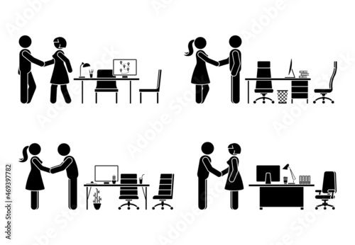 Stick figure business male and female at meeting, negotiation, good deal vector icon set. Stick man and woman office workers handshaking, talking pictogram on white background