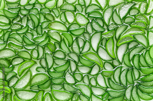 Aloe Vera closeup.aloe vera slice top view texture background. Aloevera plant, natural organic renewal cosmetics, alternative medicine.Aloe leaf slices with drops