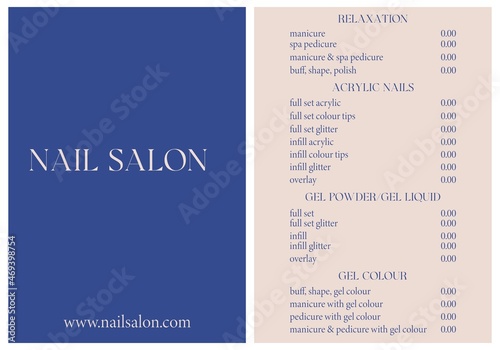 Vector Illustration sticker business card for nail salon by your name with web site pricelist and special offer. Modern style photo