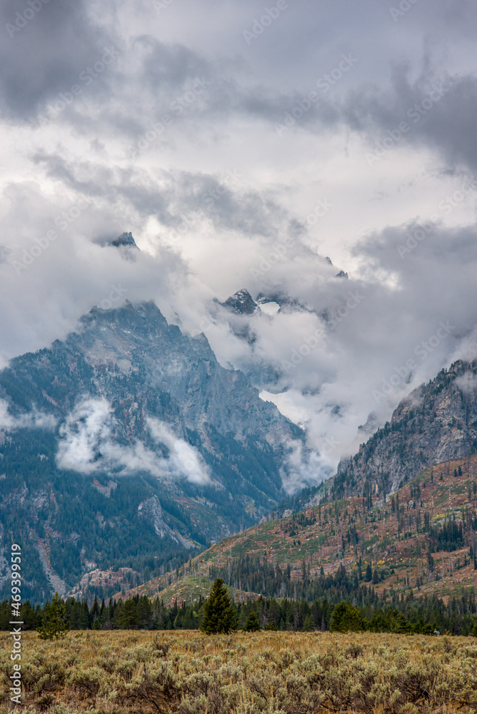 Panoramic view of the Grand Teton mountain chain in Wyoming Panoramic view of the Grand Teton mountain chain in Wyoming