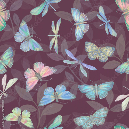 Seamless pattern of butterflies and dragonflies on an abstract background. Abstract botanical ornament for design, wallpaper, packaging, print.