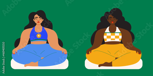 Illustration of women meditating together wearing bright sportswear
