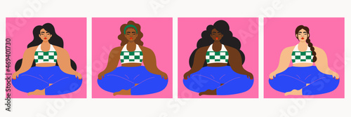 Illustration set of women meditating wearing bright sportswear