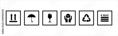 Box packaging handling instruction icon. Shipping cardboard box care direction symbol. Contains icon such as umbrella, keep it dry, fragile, handle with care, maximum stack, up side, and recyclable.