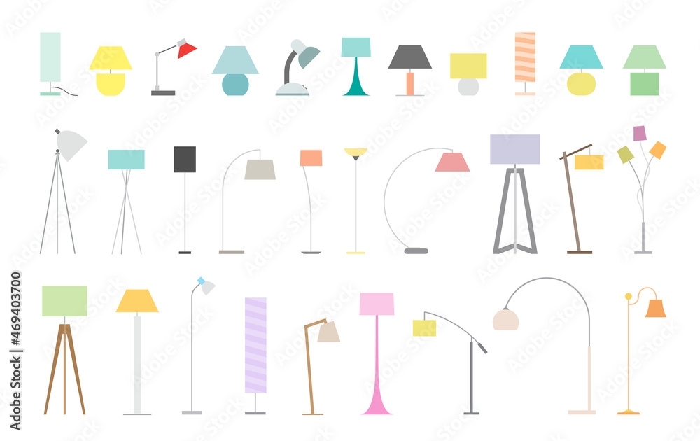 Variety of lamps for home and office. Collection of lamp icons, vector stock illustration. - obrazy, fototapety, plakaty 