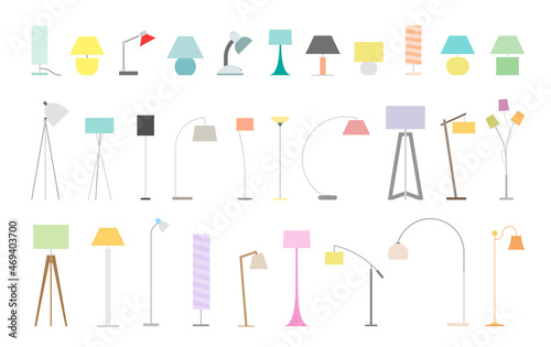 Variety of lamps for home and office. Collection of lamp icons, vector stock illustration.
