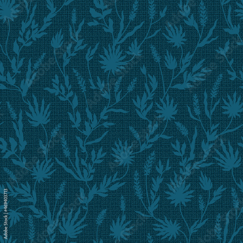 Tropical Floral pattern. Flowers and Leaves Silhouettes Seamless Pattern. Background with Imitation Linen Burlap Texture. Dark Blue Color.